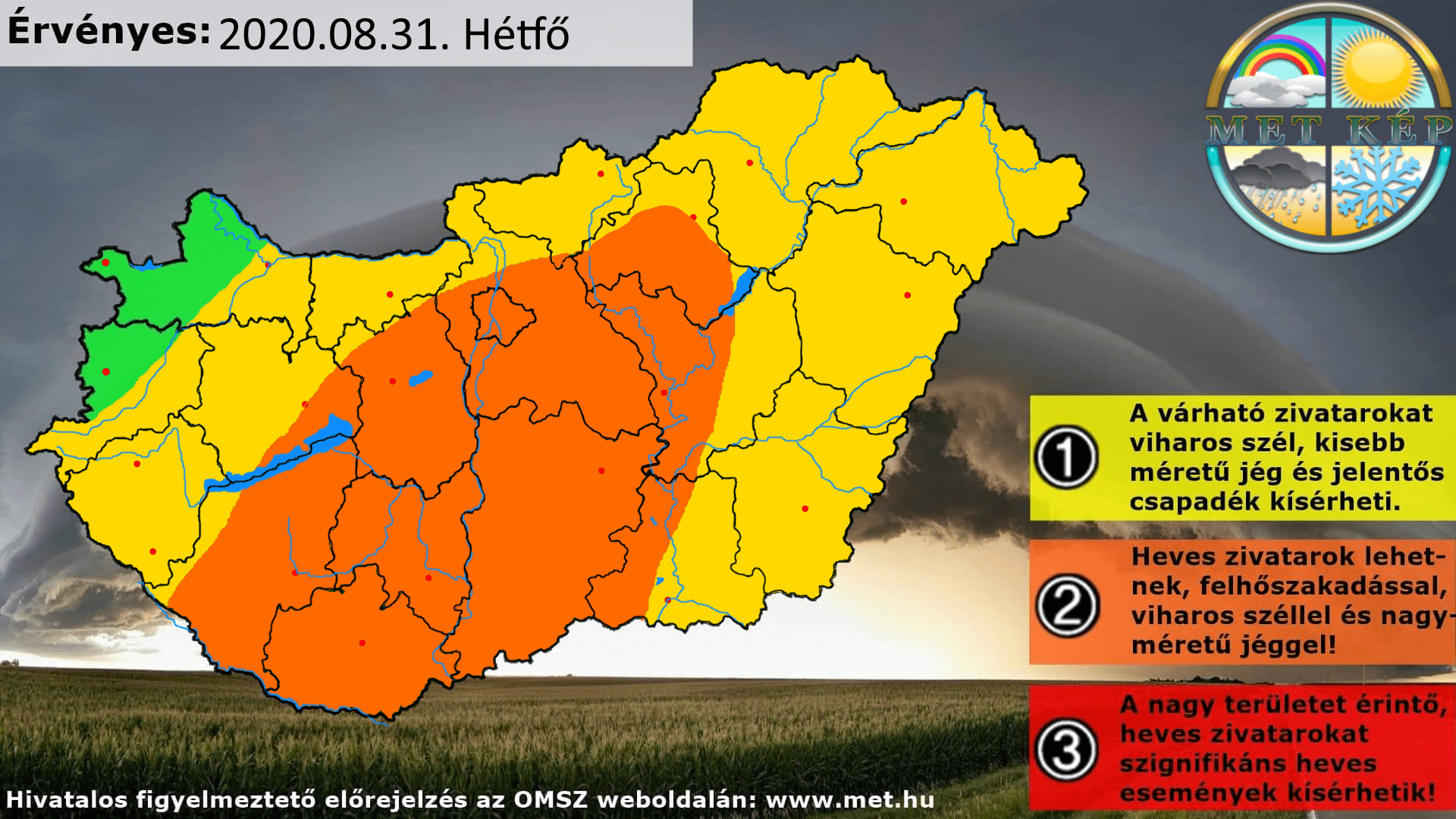 Zivatarrendszer várható kiterjedése 2020.08.31-én