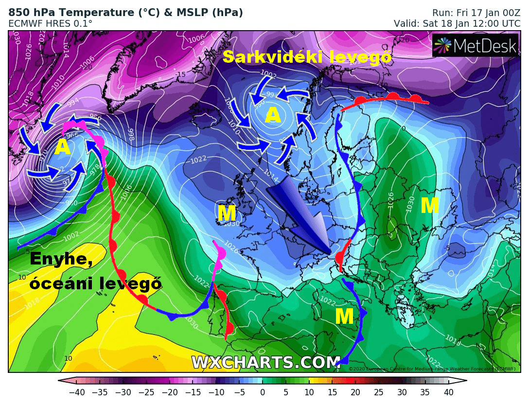 Hidegfront, Nyugat majd a Közép-Dunántúlon szombat délutántól gyenge havazás 2