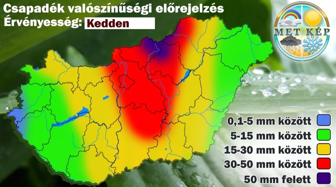 Nagy mennyiségű eső várható kedden, a csapadék zöme az ország középső sávjában, és északon várható!