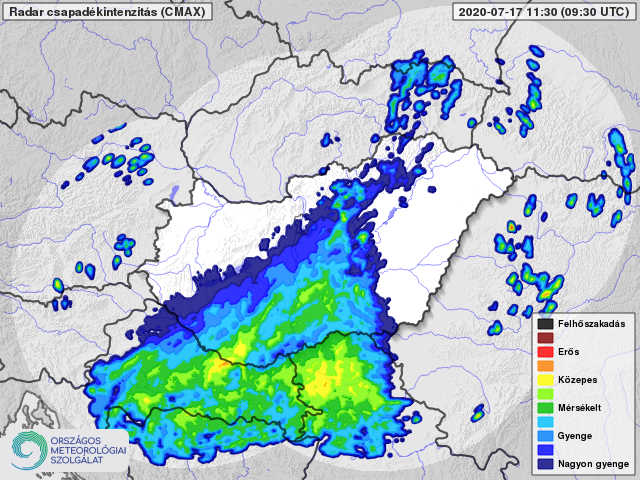 Kiterjedt csapadéktömb nyomult be, eső, zápor várható az érintett területeken!