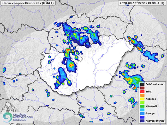Zivatarok Magyarország felett, a radarképen