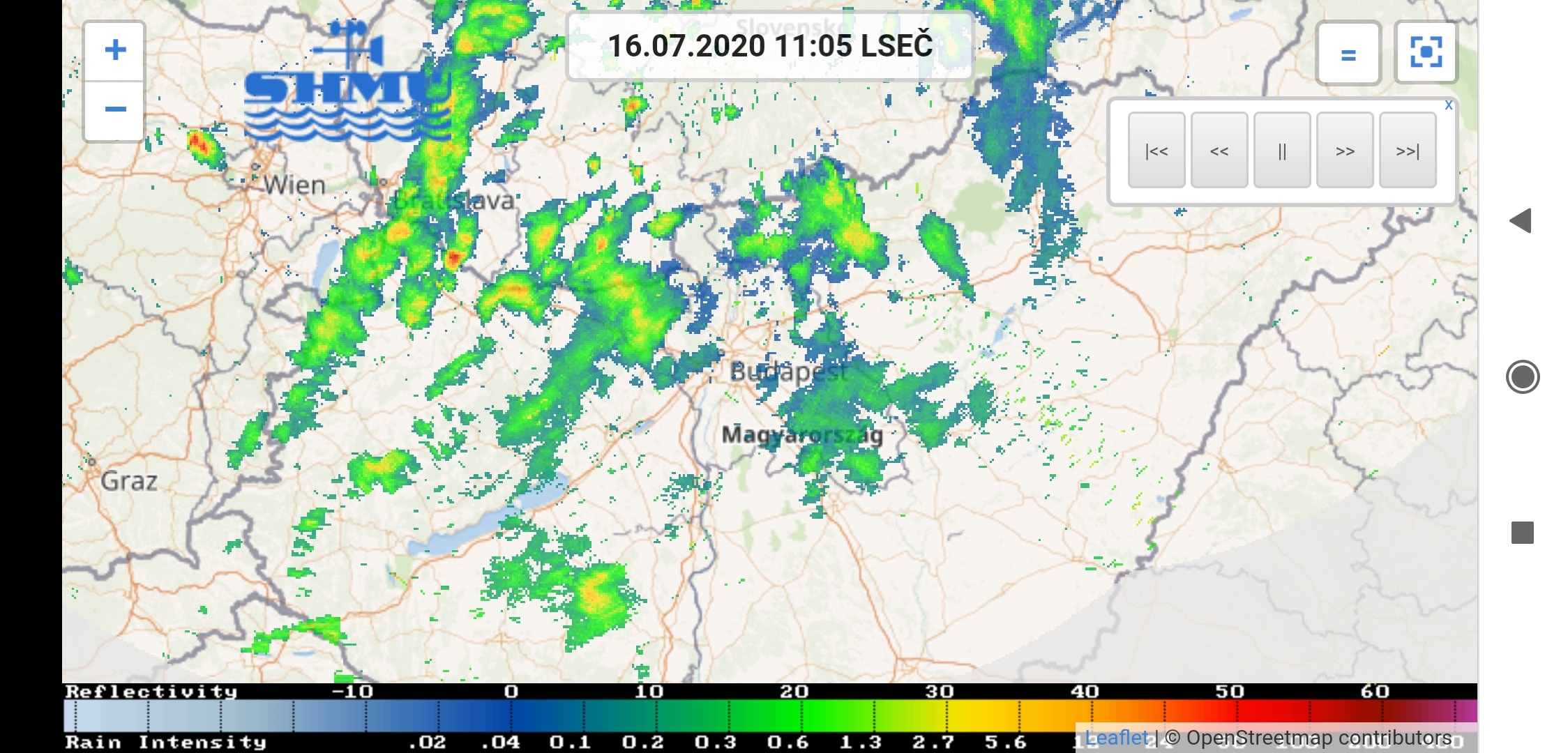 Záporok az SHMU radarképén.