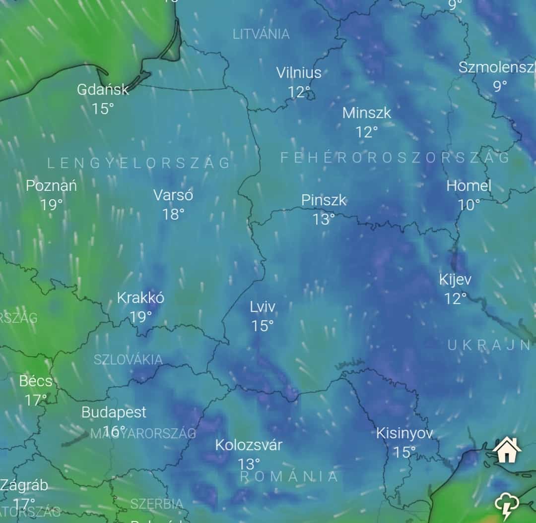 Széltérkép a tűz idején, látható, a radioaktív füstöt nem felénk hozta.