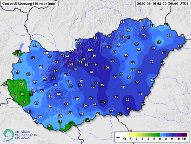 A záporok, zivatarok jelentős mennyiségű csapadékot adtak az elmúlt napokban.