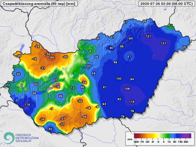 Összegzet csapadékmennyiség eltérés az átlagtól, 90 napos adat