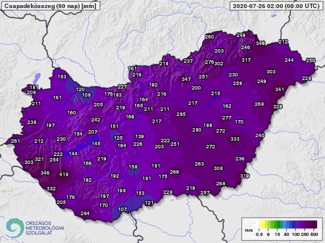 Összegzett csapadékmennyiség, 90 napos adat