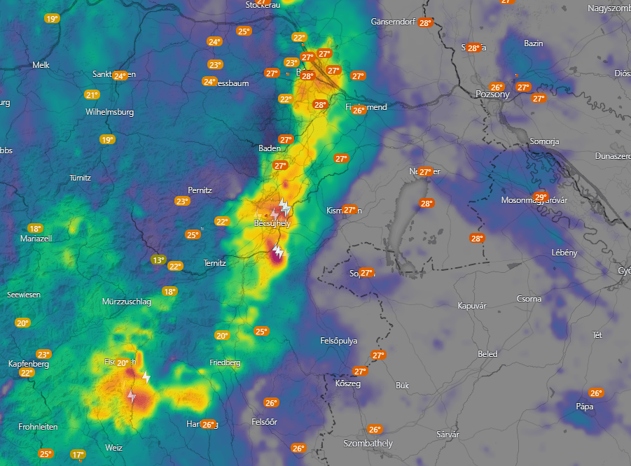 Zivatarlánc a nyugati határnál, kompozit radarkép, Windy